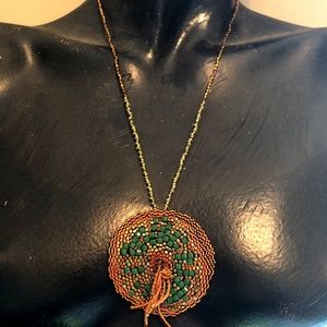 Gold & Green Peyote Stitched Beaded Pendant Necklace